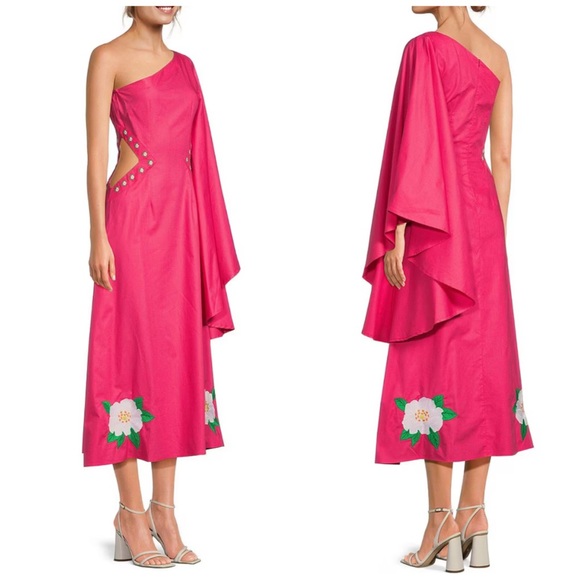 Famn Mon Dress Size XS Midi One Shoulder NWT Side Cut Out Floral Embroidered - Picture 5 of 10